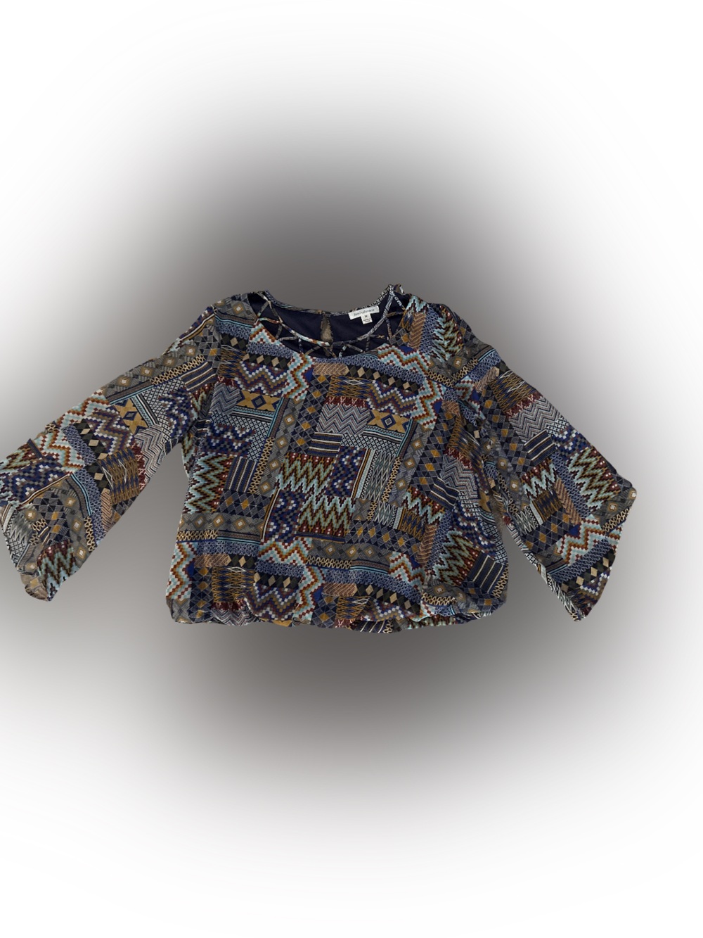 JohnPaulRichard Women's Geometric Aztec Print Blouse in Navy, Brown, Gold